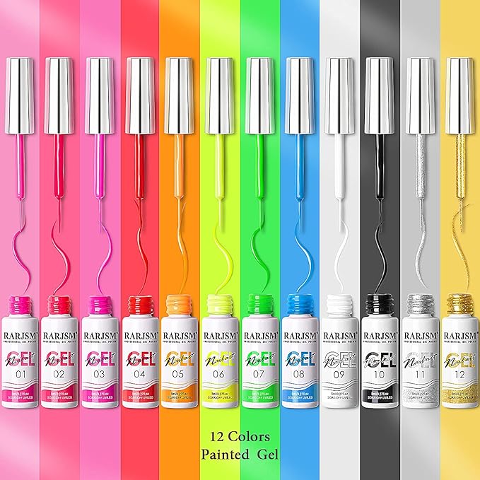 RARJSM Painted Gel Nail Polish Set, Line Art Gel 12 Colors Neon Pink Yellow Green Glitter Silver Gold Nail Art Painting Manicure Tools DIY Drawing NailGel for Line U V L E D Required