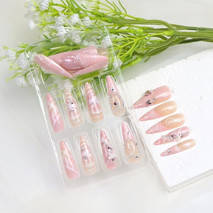 Pink Press on Nails Long Almond Cute Rabbit Bow Heart Rhinestones Fake Nails Press ons Pink French Tip Pearls Glitter Handmade Glue on Nail Acrylic Glossy Stick on Nail for Women Girls 24 Pcs
