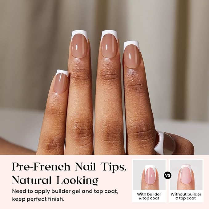 Beetles X Press Plus French Tip Nails - Caramel French | Brown Short Square French Tip Press On Nails | 15 Sizes 150 Pcs Natural Salon Quality Nail Tips