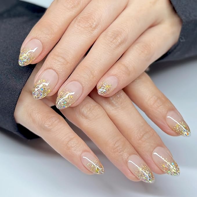 Press On Nails Short Almond Jelly Pink Glossy with Gold Glitter Tips. Reusable Soft Gel Nails in 15 Sizes -30 Nail Kit with Glue | Designed in L.A, Handmade in Vietnam | Hi-End
