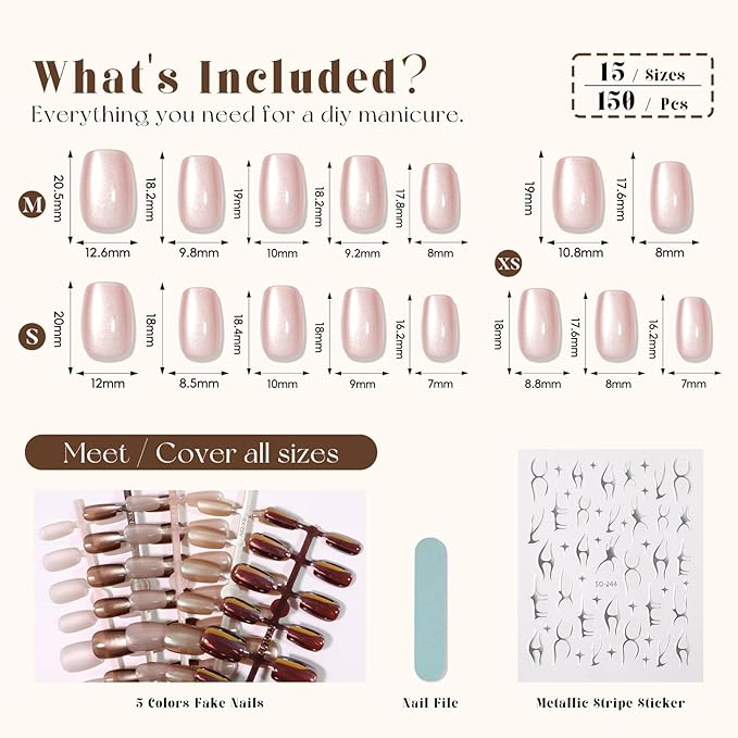Brown Cat Eye Press on Nails Short Square,Glossy Glass Fake Nail Kit Neutral Nude Chocolate Brown False Nails Winter Fall Nails with Mirror Metallic Silver Nail Stickers,150pcs 15 Sizes