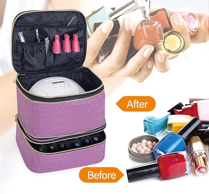 Nail Polish Organizer, Handheld Double Layer Nail Polish Storage with Adjustable Dividers, Holds 30 Bottles (15ml/0.5 fl.oz) for Nail Polish Lamp Manicure Tools and Essential Oil, Purple