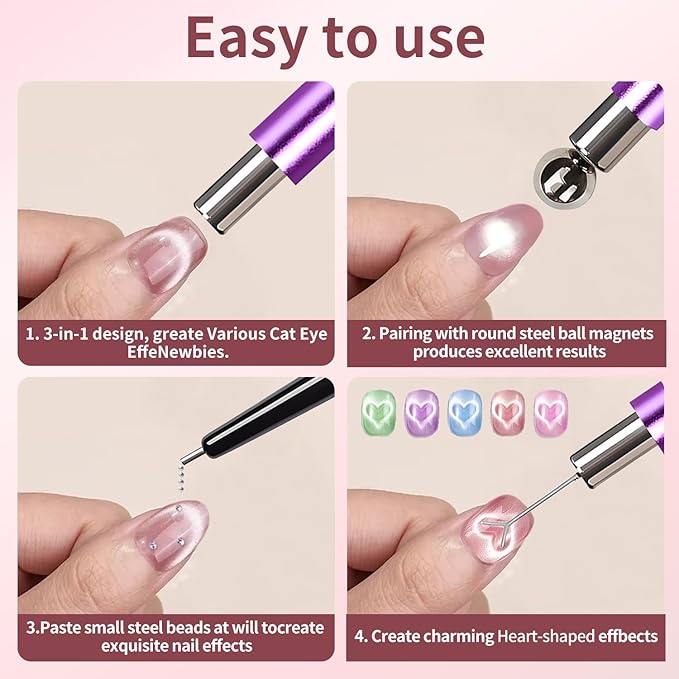 4-Piece Purple Cat Eye Magnet for Gel Nails, Strong Nail Polish Magnet Tool for Cat Eye Gel, Beginner-Friendly Magnetic Nail Art Stick for DIY Salon Designs