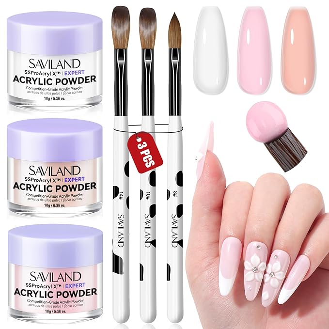 SAVILAND Acrylic Nail Kit for Beginners: Size 8,10,14 Acrylic Powder Brushes with Keratin White Pink Nudes Acrylic Powder DIY Nail Art Tools for 3D Sculpting Extensions Home Salon Use