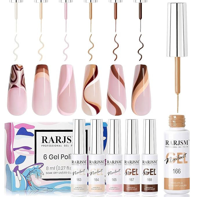 RARJSM Nail Art Gel Liner Nude Color 6pcs Set Nude Pink Brown Skin Tone Painting Striping Gel Nail Polish UV LED Curing Requires Soak off 8ml Build in Thin Sharp Brush Home DIY Salon Swirl Nail Design