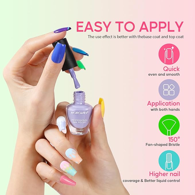 Morovan Nail Polish Set Fingernail: 48PC Air Quick Dry Nail Polish Kit with 2PC Base Top Coat Regular Nail Pack Finger Nail Bulk Gift for Women Girls