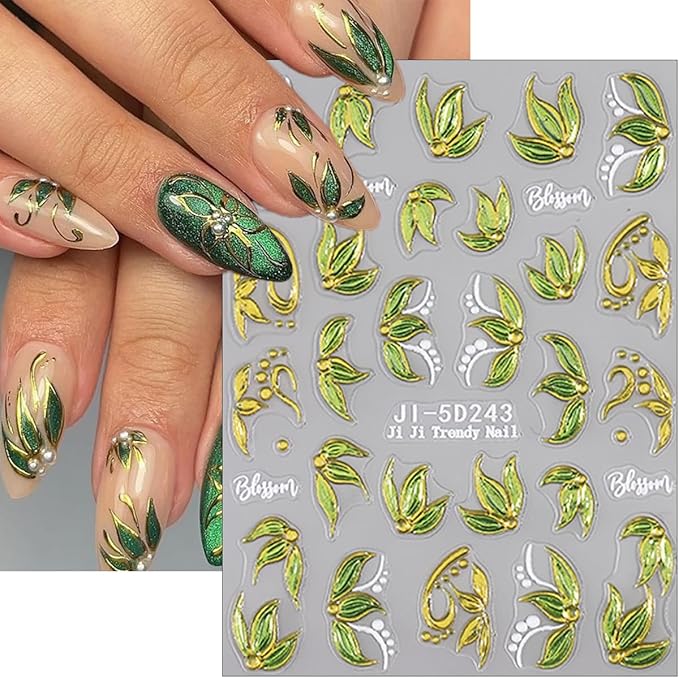 2Sheets Spring Nail Stickers 5D Embossed Green Camellia Flower Nail Decals Self-Adhesive Green Leaf Nail Art Stickers Spring Summer Bronzing Flower Cute Nail Design Supplies for Women DIY Manicure