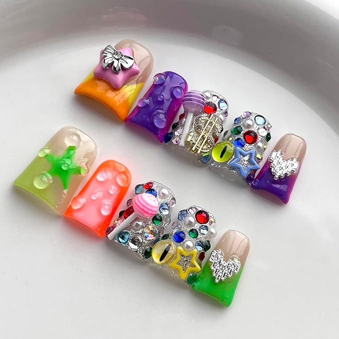 French Tip Press on Nails Handmade Short Duck 3D Thick Acrylic Nails Y2k False Nails with Bow Stars Rhinestones Lollipop Designs Cute Glossy Fake Nail Sturdy Art Press on Nail 10Pcs(M)