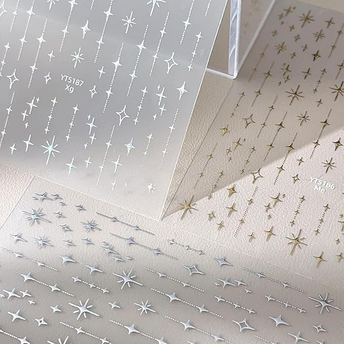 3 Sheets Star Nail Art Stickers 3D Self Adhesive White Silver Gold Nail Stickers Star Nail Decals with Design Glitter Nails Supplies for Women Girls DIY Manicure