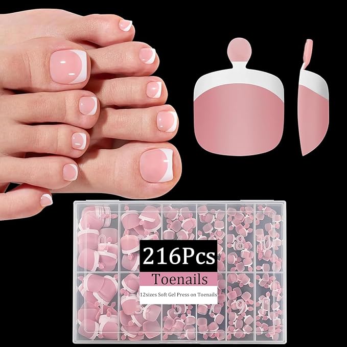 Pink Toe Nail Tips, 216pcs Short Press on Toenails for Women, Soft Toe Nail Press Ons, Square French Tip Toe Press on nails, Soak Off Acrylic Full Cover Fake Toenails Extension in 12Sizes
