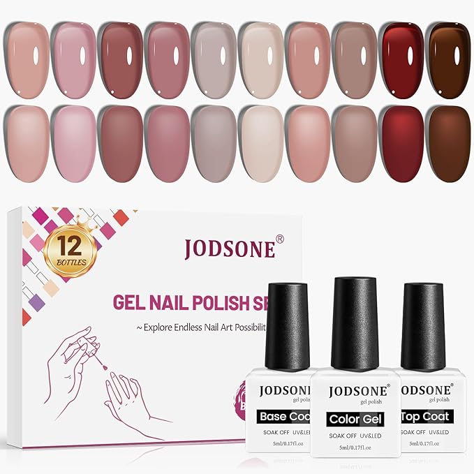 JODSONE 12PCS Gel Nail Polish Set 10 Translucent Jelly Colors Natural, Elegant & Long Lasting For Home & Salon Use