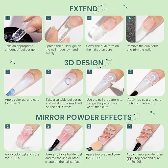Solid Builder Gel for Nails Clear and Aurora Green 3D Nail Gel Art Non-Stick Hand Sculpture Hard Gel with Dual Form for 3D Modeling Nail Art Home Manicure DIY for Women