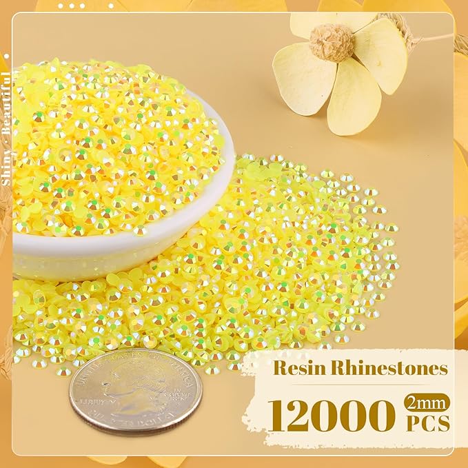 12000PCS 2mm Resin Jelly Rhinestones in Bulk (Lemon Yellow AB), Bedazzling Flatback Crystals Rhinestones for Crafting DIY Nail Decoration, Gems Diomand Charms for Tumbler Shoes Clothing Fabric