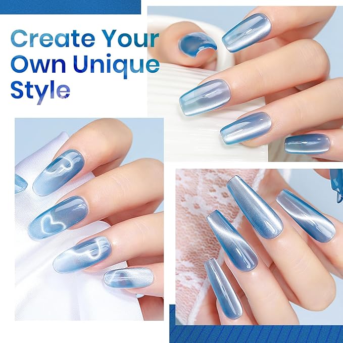 MIZHSE Moonlight Cat Eye Gel Nail Polish, 12mL Blue Glitter Cateye Gel Nail Polish Ceramic Glitter Magnetic Soak Off U V LED Nail Gel Polish for Home Manicure Nail Art