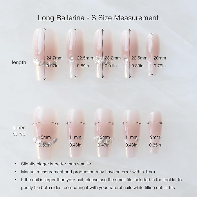 Long Ballerina Press-on Nails, Pink French Style with Rhinestones, Coffin Shape, Handmade False Nail 10 Pieces (Small,LB)