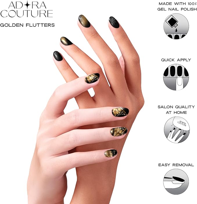 Semi Cured Gel Nail Strips with 30 Pieces - UV Gel Stickers, Manicure Kit, Easy Application Wraps Includes Prep Pads, Nail File, Wooden Stick - UV Light Required (Golden Flutter)