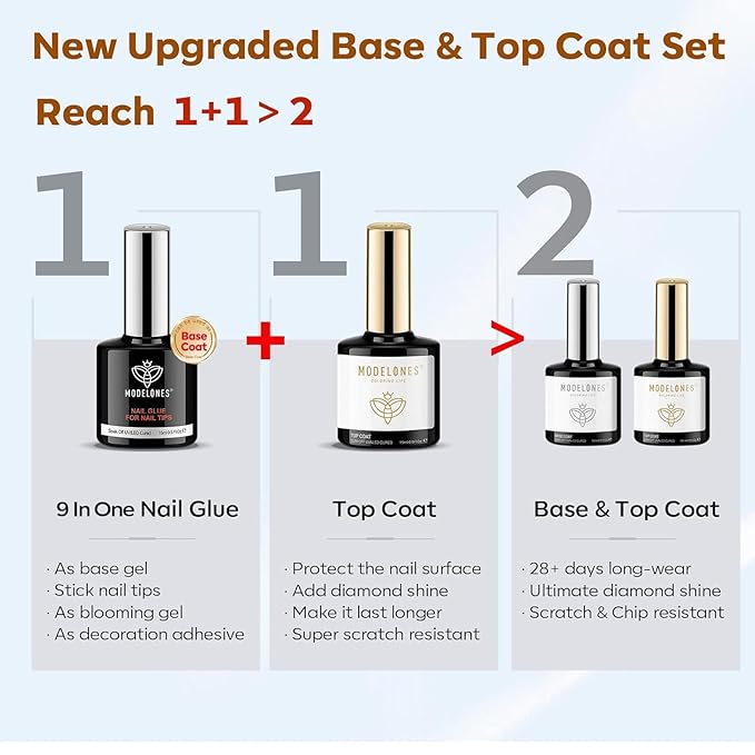 modelones Gel Nail Glue 9 in One Base Gel and No Wipe Top Coat Set 2Pcs for Gel Nail Polish Adhesive Nail Extension Gel Rhinestone Glue Nail Art LED Need 15ml