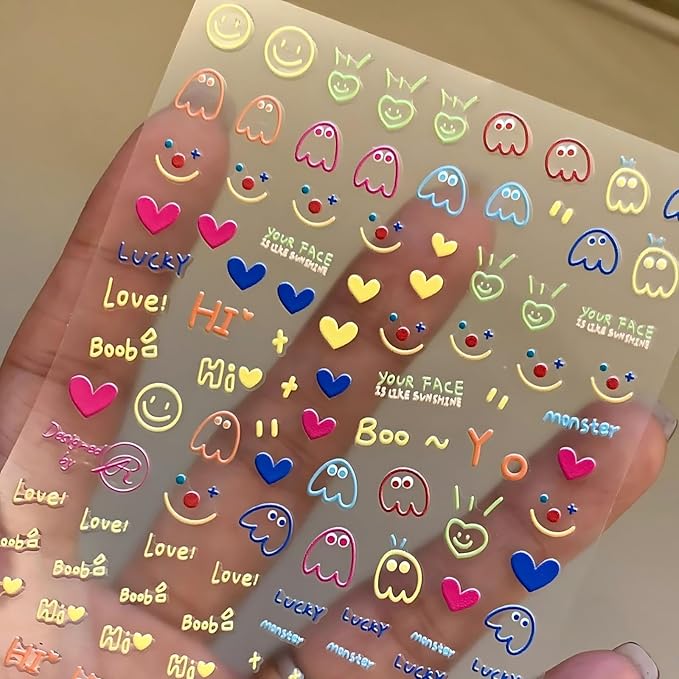 Dedyel Smile Nail Art Stickers 5D Embossed Cute Smile Face Kawaii Self-Adhesive Nail Stickers for Women Girls Kids Nail Art Decoration