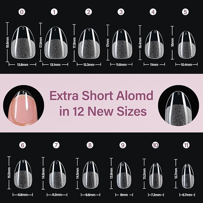 Misssix Extra Short Almond Gel Nail Tips, 216Pcs Pre Etched Clear Fake Nails, Full Cover Soft Acrylic False Nail Glue and Nail Glue Remover for Women 12 Sizes