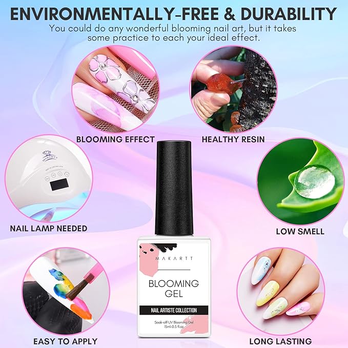 Makartt Nail Rhinestone Glue with Clear Blooming Gel Bundle, Clear Nail Glue Precision Pen Nail Art Glue Gel, 15ml UV LED Soak Off Nail Art Polish for Spreading Effect