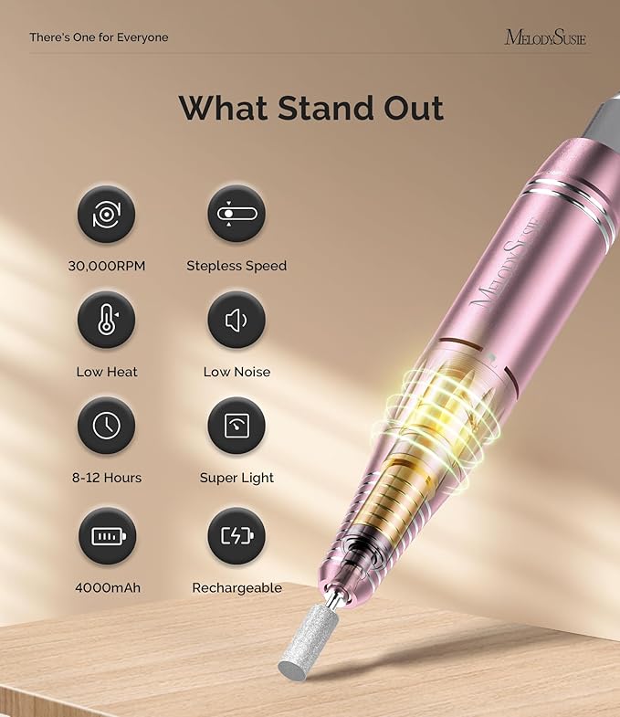 MelodySusie Entry-Level Clip-On Rechargeable Essential Nail Drill, SC300F 30000RPM E-File with LCD Display for All Manicure Shaping & Gel Removal, Ideal for Training,Nail Art Practice & Home Use, Pink