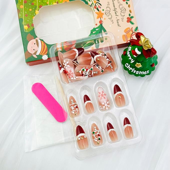 Christmas Press on Nails Medium Almond French Tip Fake Nails Xmas Tree Stick On Nails with 3d Star Pearl Rhinestones Designs Winter Snowflake Full Cover False Nails for Women Manicure Decoration 24pcs