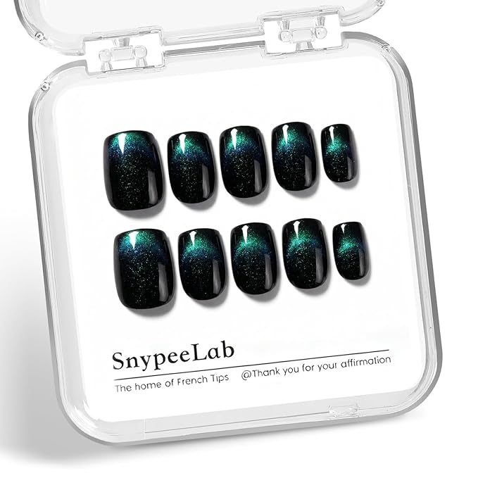 Green Cat Eye Press on Nails Short Square, St. Patrick's Day Nail, French Tip Short Square Glue on Nails for Women Gift, Reusable Soft Press on Acrylic Nail with Designs 30Pcs (Teal Green)