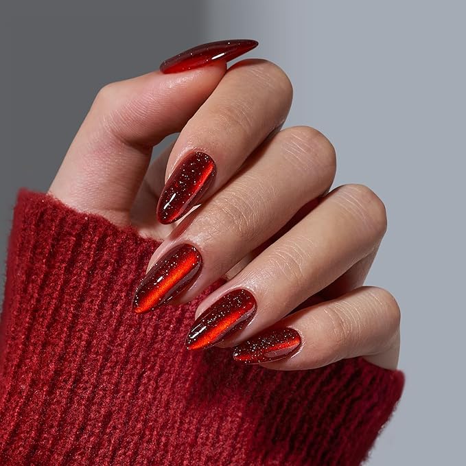 BTArtbox Press On Nails Almond - Deep Red Sparkly Press On Nails with Glue for Women, Glossy Soft Gel Glue On Nails in 15 Sizes - 30 Stick On Nails Kit for Christmas, Mystic Ruby