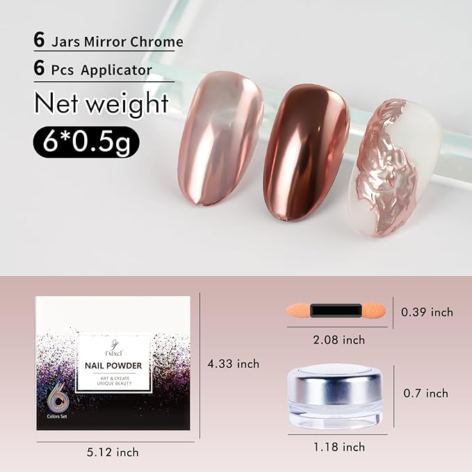 Nail Chrome Powder Metallic Mirror Pigment Rubbing Dust Glitter for Manicure Nail Art Decoration Bronze Rose Gold 6 Colors Kit 0.5g/Jar (TR 6Pcs Set-02)