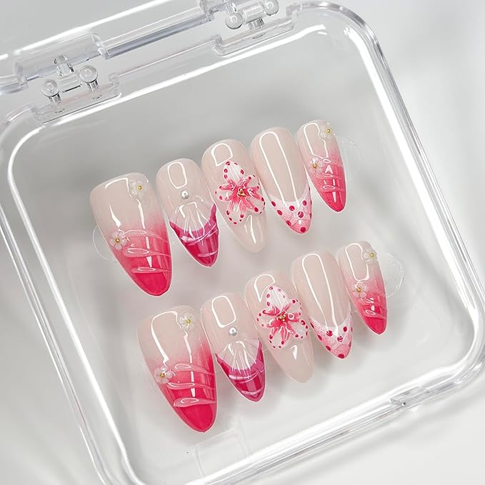 Luxury Press on Nails Medium Almond Handmade 3D Unique Reusable ABS Material Fake Nails Pink False Nails with Designs Floral Art Petal Glossy Glue on Nails Thick Acrylic Nails(M)