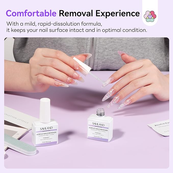 SAVILAND Acrylic Nail Remover Kit 2 Pcs: Powerful Rapid Dissolution Acrylic Remover with Cuticle Oil & Nail File Tools, No Soaking No Wrapping, Gentle Professional Set for Home Use