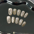 Handmade Press on Nails Short Oval,Cat Eye Fake Nails with Mirror Star Moon Designs,Soft Gel Ethereal Edgy French Retro Nails Kit with Tools,Shimmer Glossy Glue on Nails Short for Women(XS)