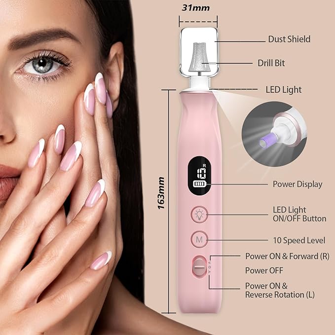 Electric Nail File, 10 Speeds Cordless Nail Drill with LED Light, Portable Manicure Pedicure Kit for Acrylic Gel Nails Thick Toenails Nail Grind, Hand Natural Nails Care - 10 Bits & 120 Sanding Bands