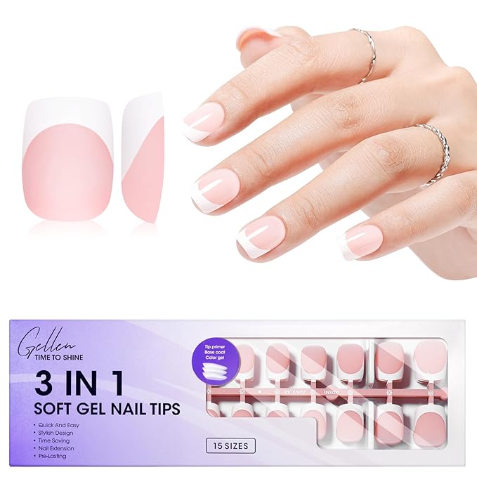 Gellen Short French Tip Press on Nails - Square Gel Nail Tips Press on Nails Short, No Fade Out Acrylic Fake Nails, 150pcs Seamless Fit Glue one Nails, Classic White