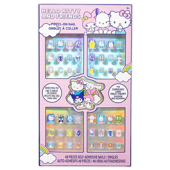 Hello Kitty and Friends Press-On Nails for Kids - Bundle with 48 Stick-On Nails Featuring My Melody, Kuromi, Cinnamoroll, More Plus Stickers, More | Hello Kitty Manicure Kit for Girls