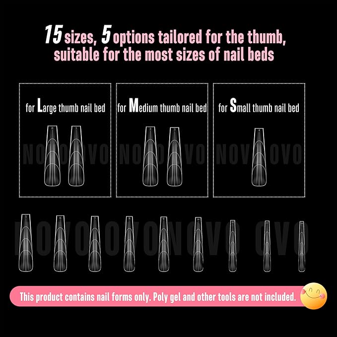 NOVO OVO Tapered Square (Natural not Sculpted) Nail Dual Forms for Poly Gel Extension with Guiding Line Inside, XL XXL Reusable Full Cover Acrylic Builder Hard Gel Polygel Molds x 15 sizes 150 Pcs