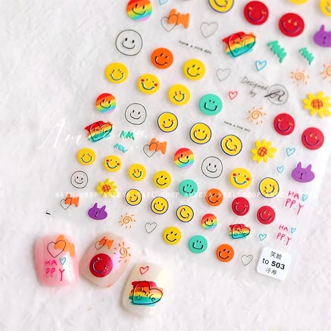 Dedyel Smile Nail Art Stickers Cute Cartoon 5D Embossed Kawaii Smile Face Self-Adhesive Nail Stickers for Women Girls Kids Nail Art Decoration