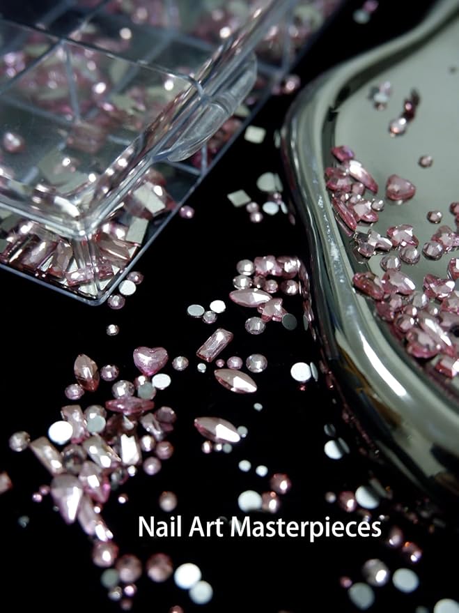 Rhinestones for Nails, 6080Pcs Pink Nail Art Rhinestones Kit, 3D Flatback Crystals Diamonds for Nail Art Design, Mix Sizes Nail Charms and Gems(Tweezers Included)