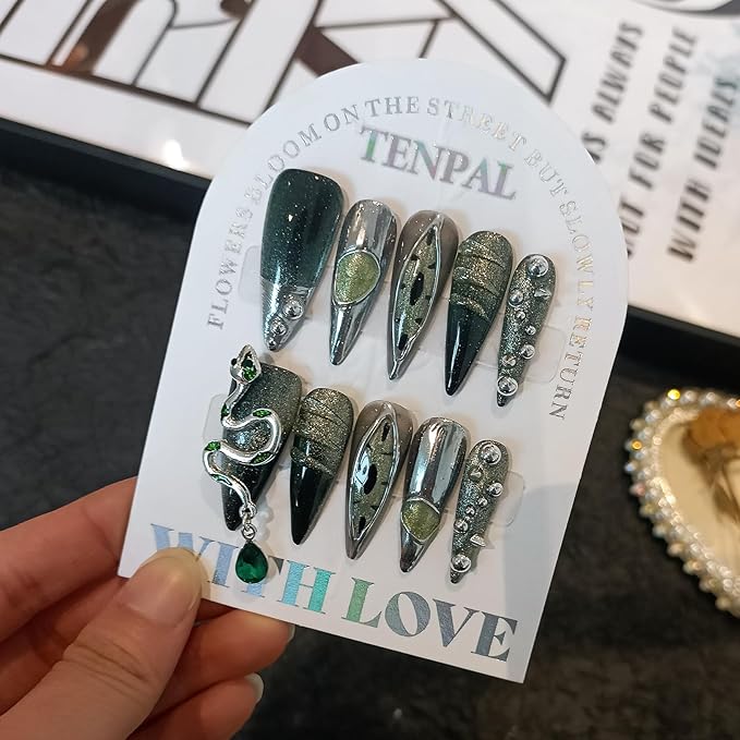 Punk Metal Press on Nails Long Stiletto,Black Silver Cat Eye Fake Nails with 3D Snake Gems, Acrylic Soft Gel Handmade False Nails with Rhinestone Steel Ball,Gothic Glue on Nails 10pcs(L)