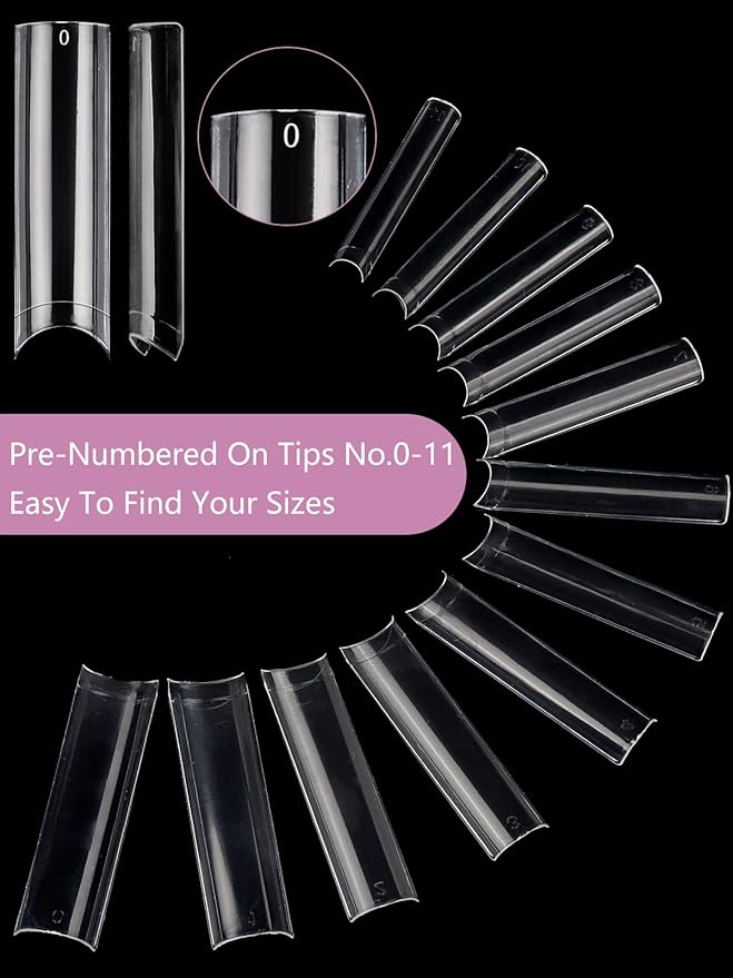 480PCS XL Extra Long C Curve Nail Tips, 2 Packs Natural and Clear Acrylic Nail Tips for Acrylic Nails Professional Set, Half Cover Square Straight Press on False Nail Tips for Nail Art 12 Sizes Box