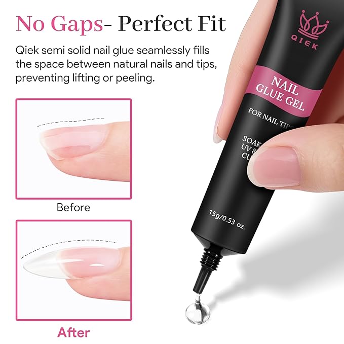 Nail Tips Gel Glue 15g - Lamp Curing Solid Nail Glue for False Acrylic Nails, Crystal Clear Long Lasting 28 Days No Yellowing Salon Quality DIY Home Beginner-friendly