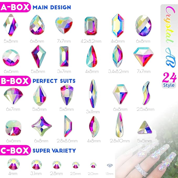 3 Boxes AB Crystal Nail Rhinestones 240 Multi-Shapes White AB Big Gems K9 Glass Flatback Round Beads Crystals Stones Nail Art Charms for Nails Face Eyes Makeup Crafts DIY Tumblers Bottles Shoes