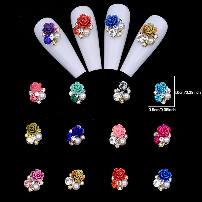 120PCS Y2K Nail Rhinestones Flowers - 3D Flower Nail Charms with Rhinestone, 12 Colors Floral Nail Jewelry Decor Accessories for Nails/Phone/Craft (Gold, Gift Ready)