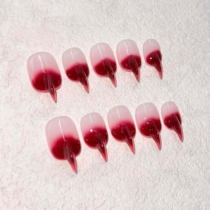 10 Pcs Curved Press on Nails Stiletto Medium Cat Claw False Nails Luxury 3D Red French Tip Cat Claw Handmade Fake Nails Thick Red Gradient Designs Glossy Acrylic Glue on Nail (S)