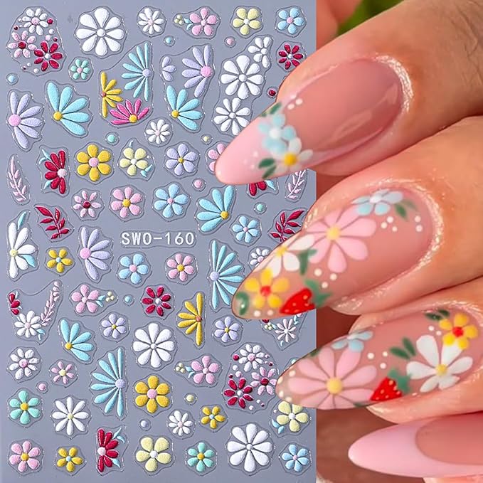 Flower Nail Stickers 6 Sheets - 5D Embossed Floral Designs with Gold Foil Accents, Self-Adhesive Nail Art Decals for Women, Spring & Everyday DIY