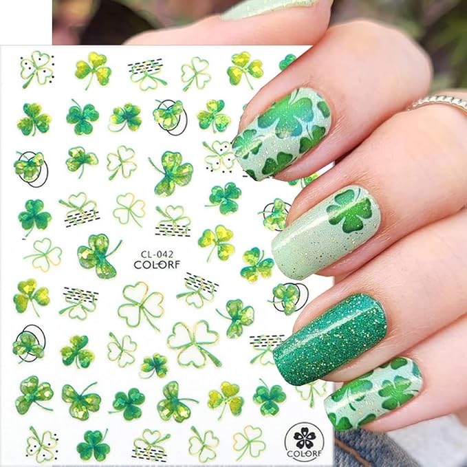 8Sheets St Patricks Day Nail Art Stickers 3D Holographic Shamrock Nails Stickers Self-Adhesive Deisgn Nail Decals Green Lucky Clover of Irish Nail Decorations for Women St. Patrick's Day Manicure Tips
