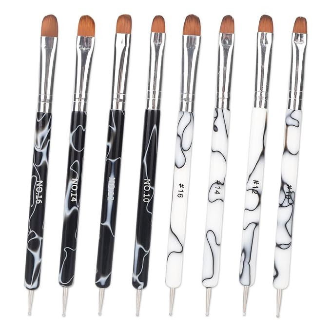 8pcs French Nail Brushes with Dotting Tool, Dual Ended Gel Acrylic Manicure Brushes for Detailed Clean up Nail Designs (10# 12# 14# 16#, Black and White)