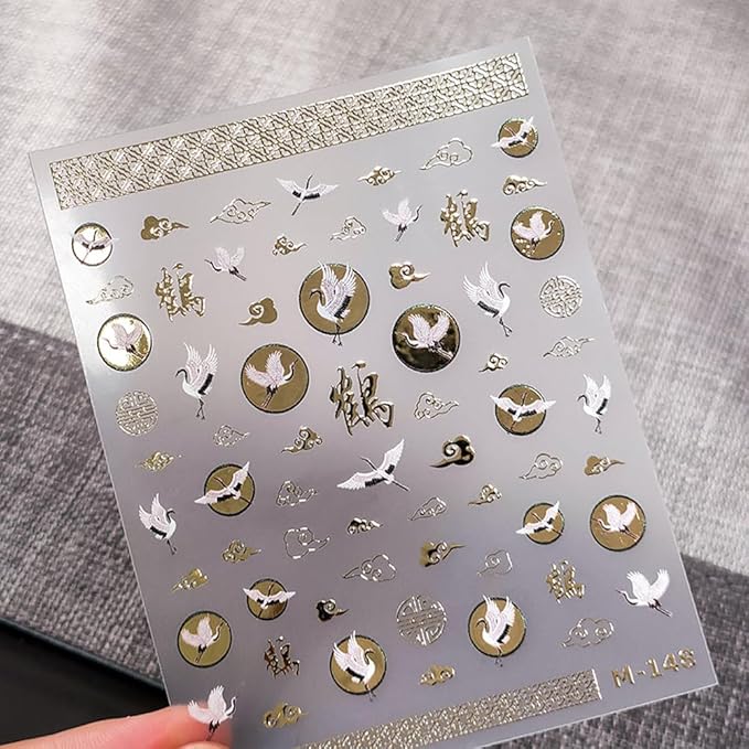 3Sheets 5D Nail Stickers Chinese Style Character Gold Red-Crowned Crane Propitious Cloud Nail Decals for New Year Acrylic Nail Art Design Supplies (Crane)