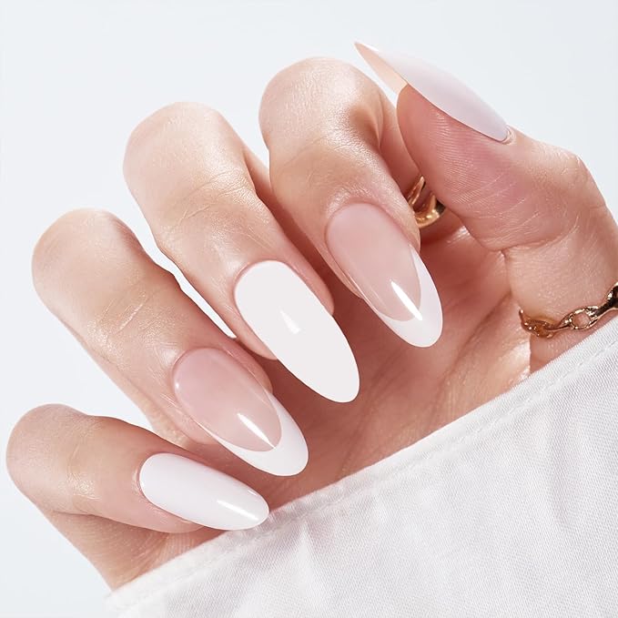 Modelones Press on Nails Tips 16 Sizes 32Pcs Almond, White French Tip Press on Nails Short Fake Nails, Reusable Nail Kit with Nail Glue Adhesive Tabs Mini Nail File, Nails Press Ons