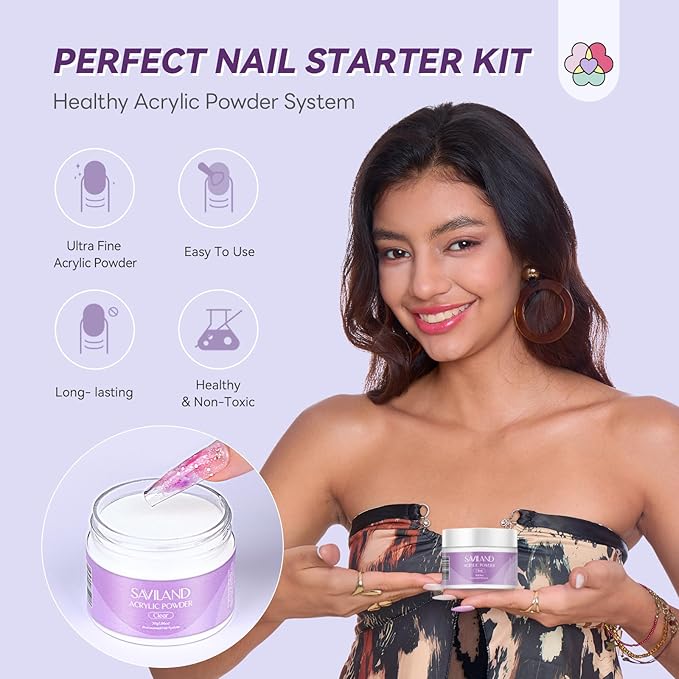 SAVILAND Acrylic Nail Kit Starter Set: 30g Clear Acrylic Powder and Liquid Set with Size 12 Nail Brush Forms Tools Extension Nail Kit for Beginners with Everything Home DIY Salon Manicure
